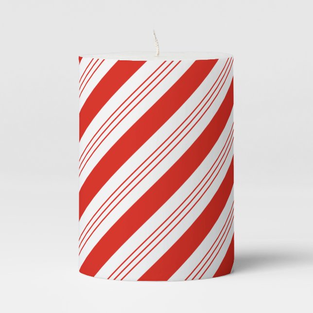 Holiday Christmas candy cane red festive stripes P Pillar Candle (Front)