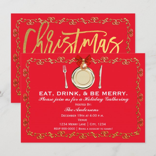 Holiday Christmas Dinner Party Eat Drink Be Merry Invitation (Front/Back)