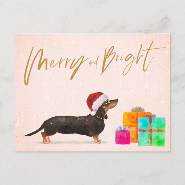 Holiday Christmas Dog Dachshund  Merry Bright Postcard (Front)