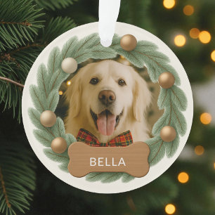 Holiday Christmas Dog Photo Wreath Custom Name Ornament