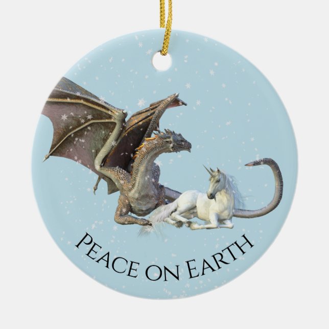 Holiday Christmas Dragon Unicorn Peace on Earth Ceramic Ornament (Front)