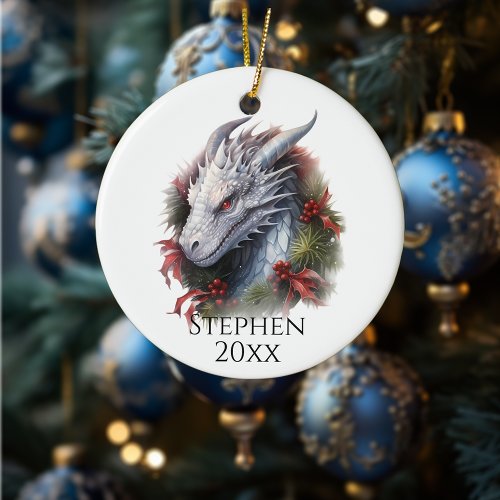 Holiday Christmas Fantasy Dragon Ceramic Ornament