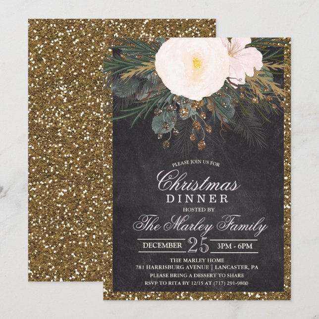 Holiday Christmas Floral Glitter Invitation (Front/Back)