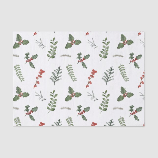 Holiday Christmas Greenery and Holly Berry Tissue Paper (Front)