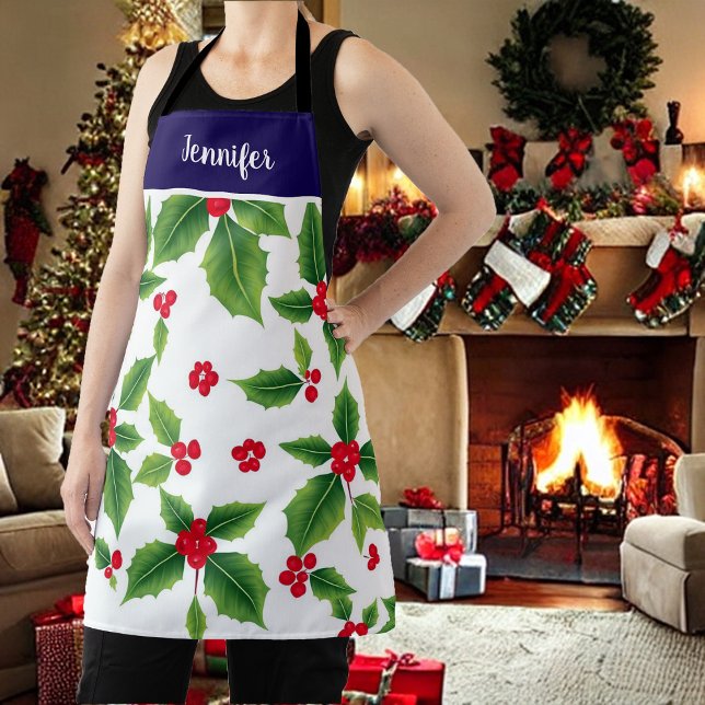 Holiday Christmas holly berries monogram name Apron (Watercolor holly, red berries Christmas apron. You can add your own name to personalize.)