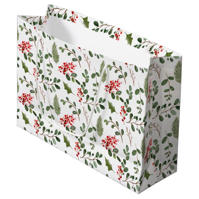 Holiday Christmas Holly Leaves Berry Pattern Large Gift Bag (Front Angled)