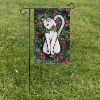 Holiday Christmas Holly White Cat Garden Flag