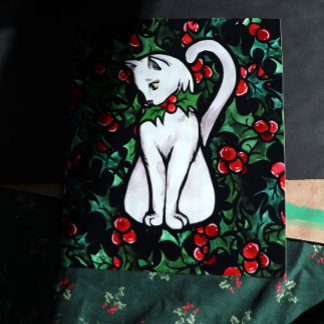Holiday Christmas Holly White Cat Poster