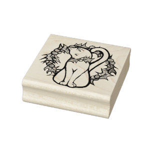 Holiday Christmas Holly White Cat Rubber Stamp