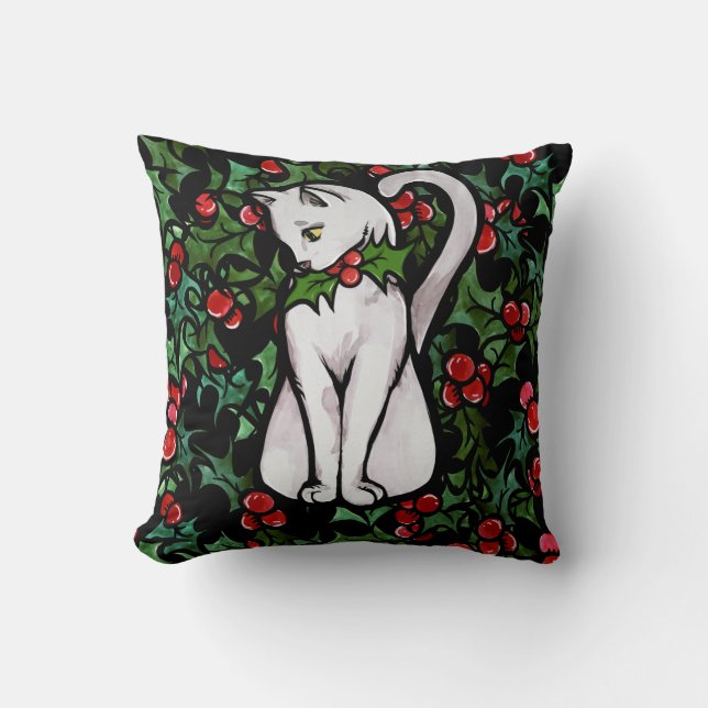 Holiday Christmas Holly White Cat Throw Pillow (Front)
