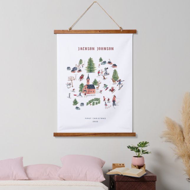 Holiday Christmas Houses winter landscape Hanging Tapestry (Bedroom)