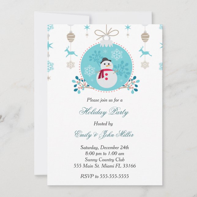 Holiday christmas invitation snoman blue gold (Front)
