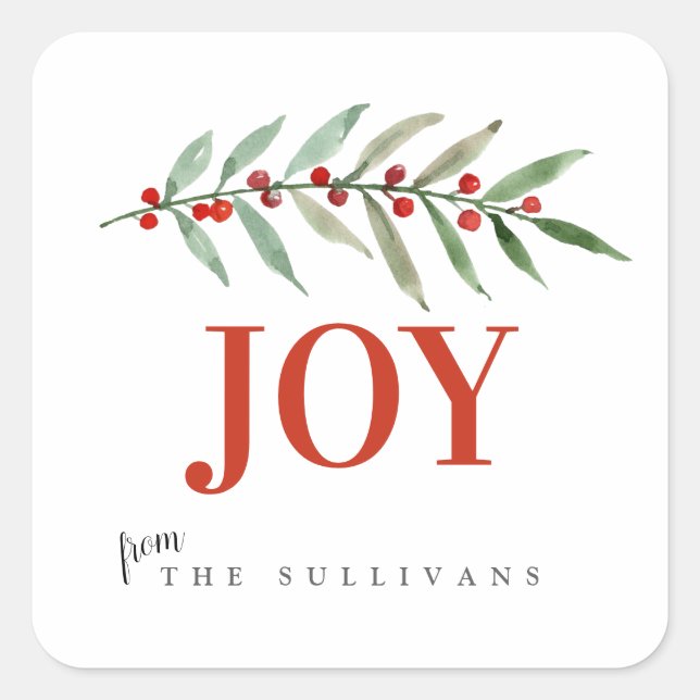 Holiday Christmas JOY Winter Berry Square Sticker (Front)