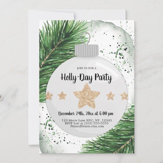 Holiday Christmas | Ornament, Pines, Gold Invitation (Front)