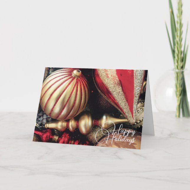Holiday Christmas Ornaments Red and Gold Card (Front)