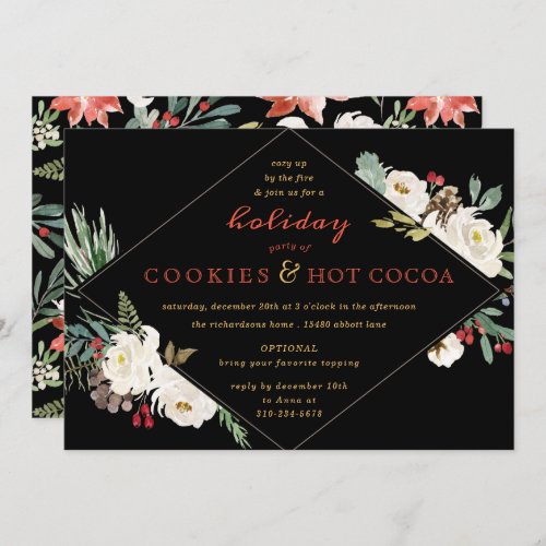 Holiday Christmas Party Floral Roses Holly Berries Invitation