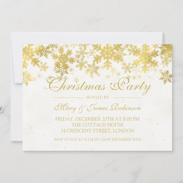 Holiday / Christmas Party Gold Winter Snowflakes Invitation (Front)