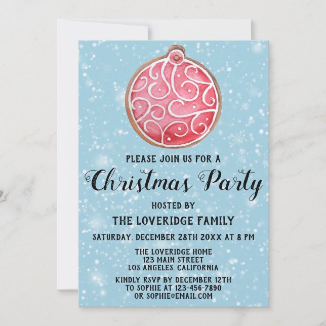 Holiday Christmas Party Red Ball Cookie Blue Snow Invitation (Front)