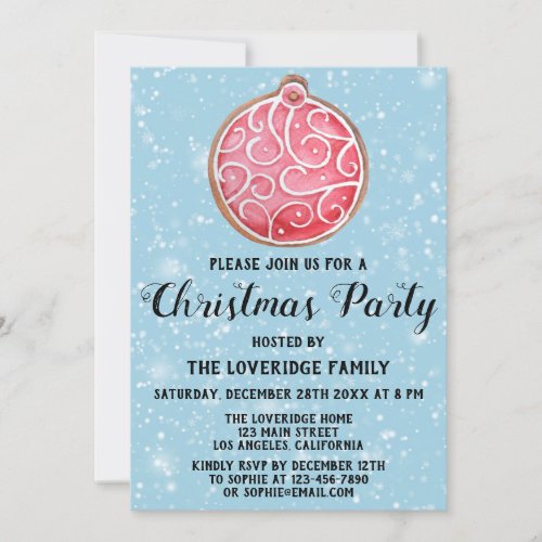 Holiday Christmas Party Red Ball Cookie Blue Snow Invitation