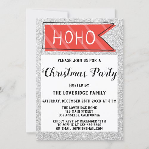 Holiday Christmas Party Red  Gray Silver Glitter Invitation