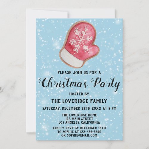 Holiday Christmas Party Red White Mitten Blue Snow Invitation