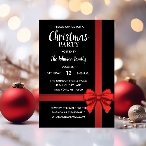 Holiday CHRISTMAS PARTY White Red Black Bow Invitation