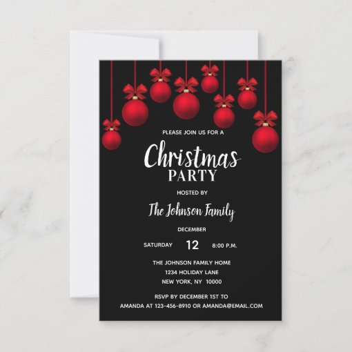 Holiday CHRISTMAS PARTY White Red Black Ornaments Invitation | Zazzle