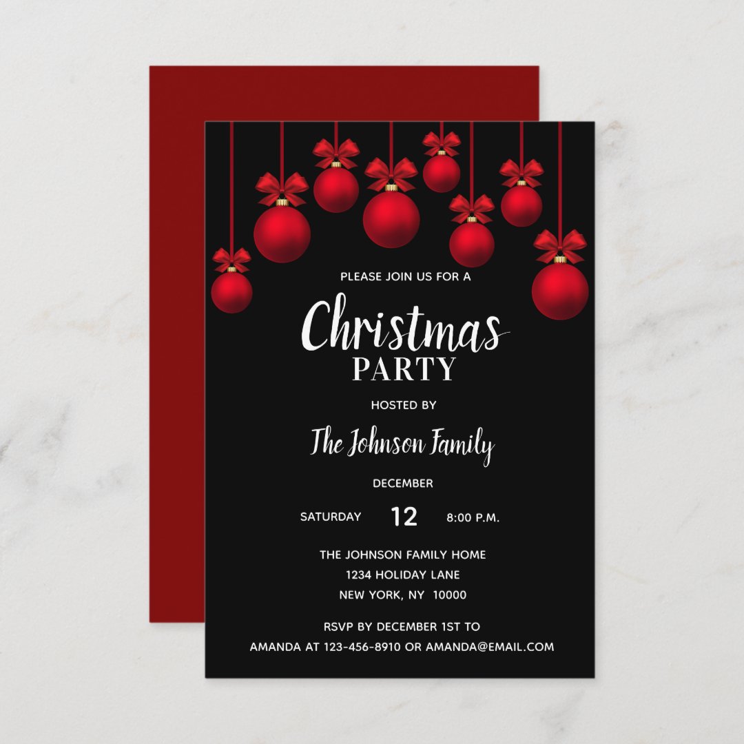 Holiday CHRISTMAS PARTY White Red Black Ornaments Invitation | Zazzle