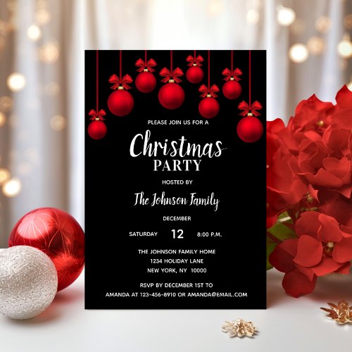 Holiday CHRISTMAS PARTY White Red Black Ornaments Invitation