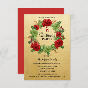 Holiday CHRISTMAS PARTY Wreath GOLD Red Green Invitation