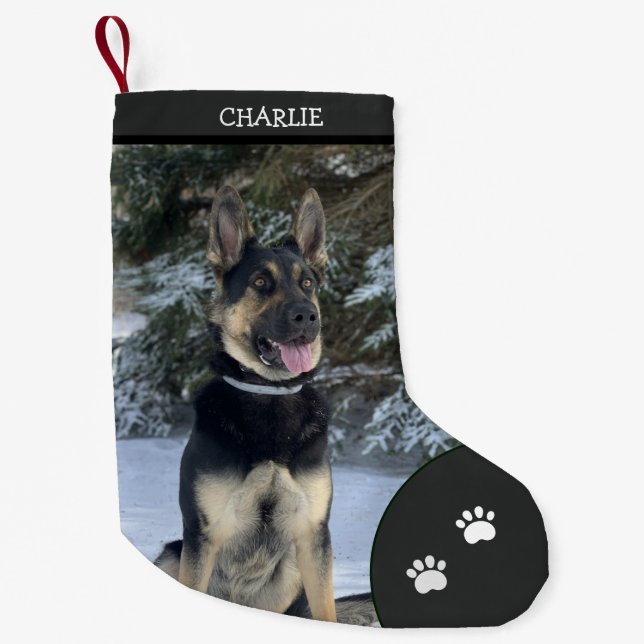 Holiday Christmas Personalized Pet Dog Photo Black Small Christmas Stocking (Front)