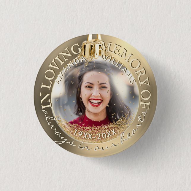 Holiday Christmas Photo Memorial Gold Elegant Button (Front)