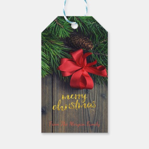 Holiday Christmas Pine Tree Branches Red Bow Gift Tags