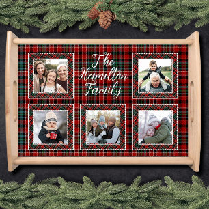 Holiday Christmas Plaid Family Photo Collage Serving Tray