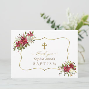 Holiday Christmas Red White Poinsettia Baptism Thank You Card