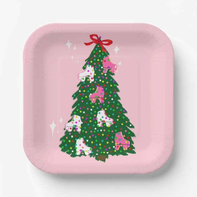 Holiday Christmas Roller Skating Xmas Skate  Paper Plates (Front)