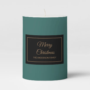 Holiday Christmas rustic brown font solid teal Pillar Candle