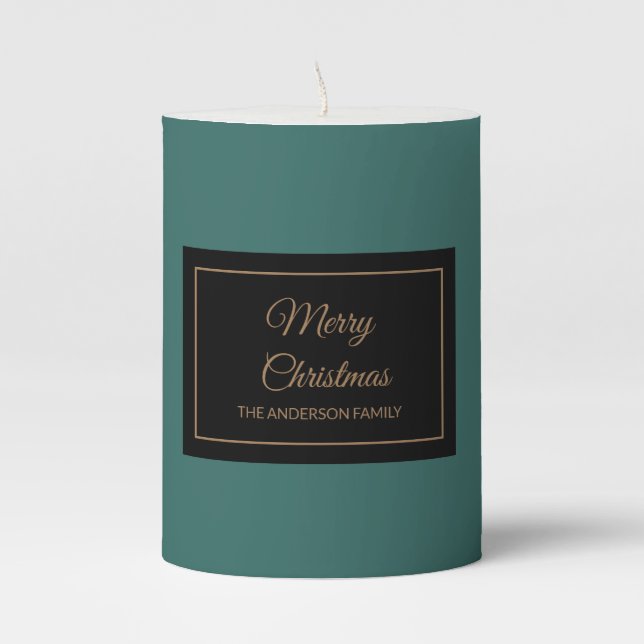 Holiday Christmas rustic brown font solid teal Pillar Candle (Front)