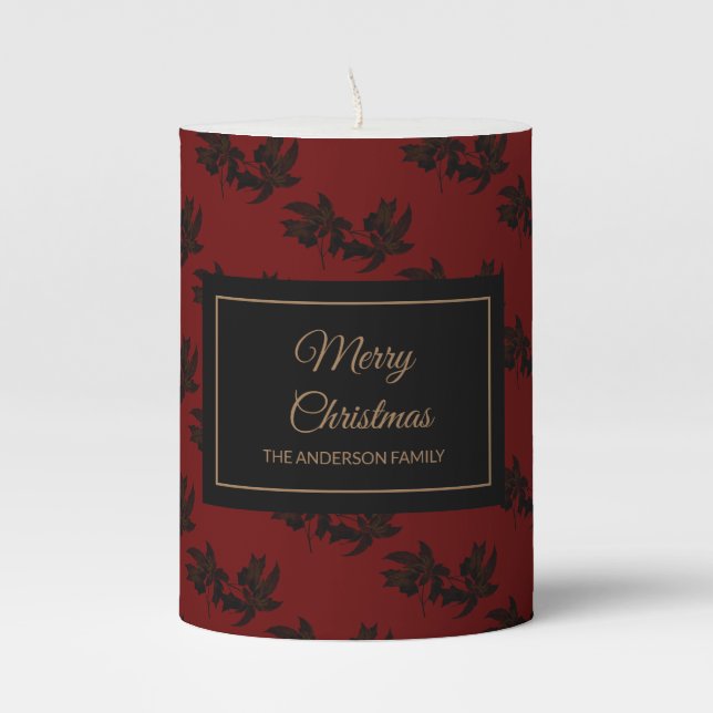 Holiday Christmas rustic brown poinsettia red Pillar Candle (Front)