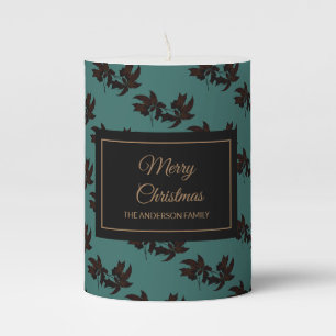 Holiday Christmas rustic brown poinsettia teal Pillar Candle