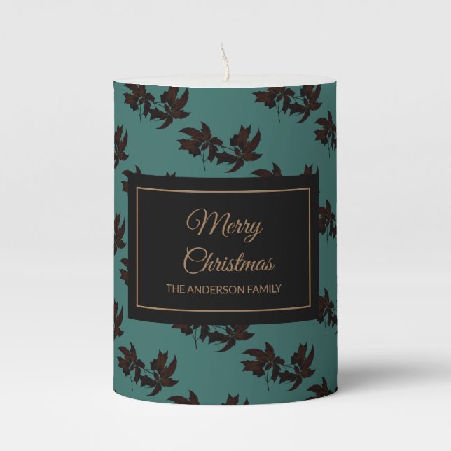 Holiday Christmas rustic brown poinsettia teal Pillar Candle (Front)