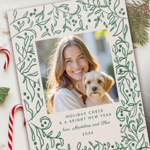 Holiday Christmas Sage Greenery Hand-Drawn Photo Letterpress Photo Cards
