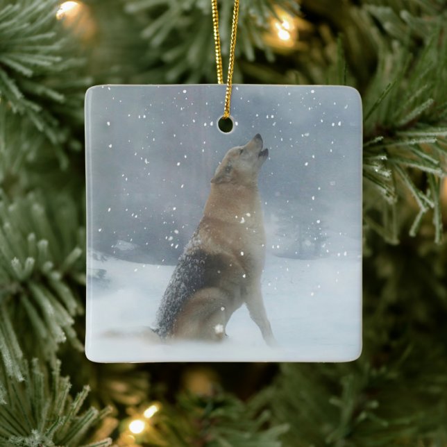 Holiday Christmas Snow Wolf and Howling Ceramic Ornament (Tree)