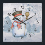 Holiday Christmas Snowman Watercolor Snow Square Wall Clock<br><div class="desc">Cute watercolor snowman Christmas clock.  Adorable.  So cute for your holiday.   See matching products.  Remember,  you can transfer this pattern to anything ‘Zazzle” has available for purchase.  This will make a special gift for that “hard to buy person”. This decoration can be used throughout the winter season.</div>