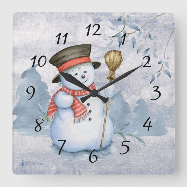 Holiday Christmas Snowman Watercolor Snow Square Wall Clock (Front)