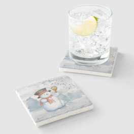 Holiday Christmas Snowman Watercolor Snow Stone Coaster