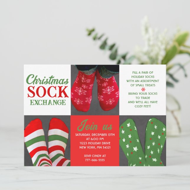 Holiday Christmas Sock Exchange Party Invitation (Standing Front)