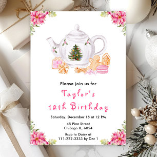 Holiday Christmas Tea Birthday Party Pink Invitation