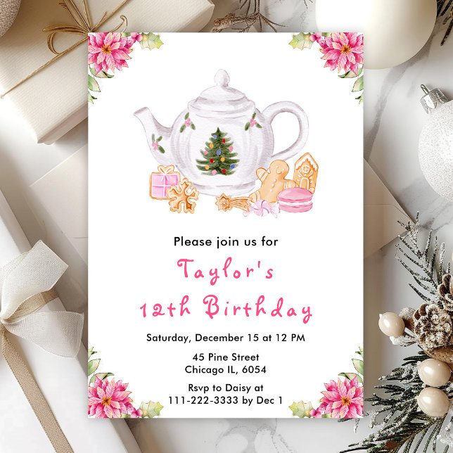 Holiday Christmas Tea Birthday Party Pink Invitation (Creator Uploaded)