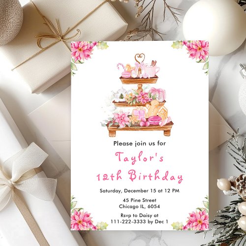 Holiday Christmas Tea Birthday Party Pink Invitation